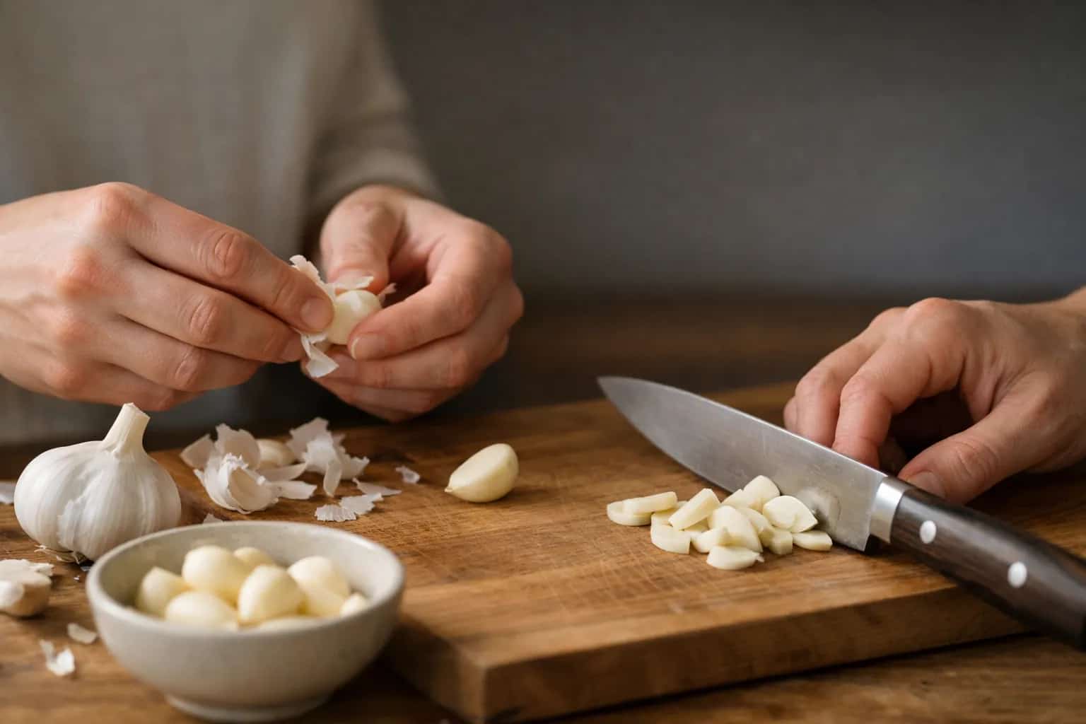 Garlic kitchen setup with ingredients