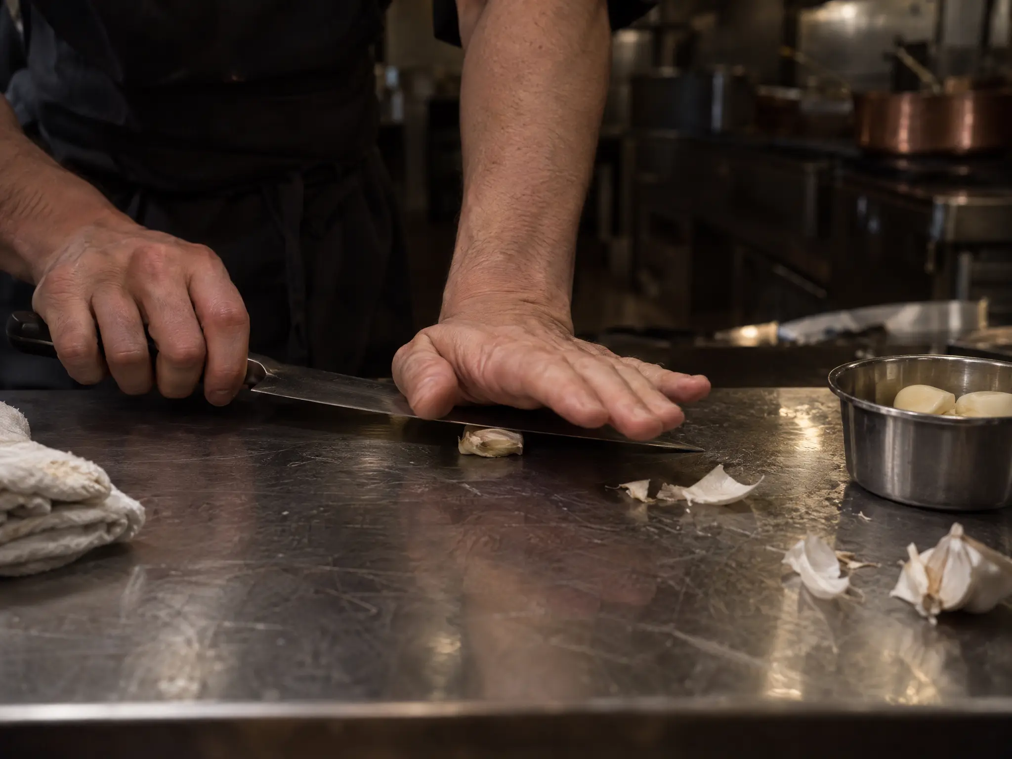 Garlic kitchen setup with ingredients
