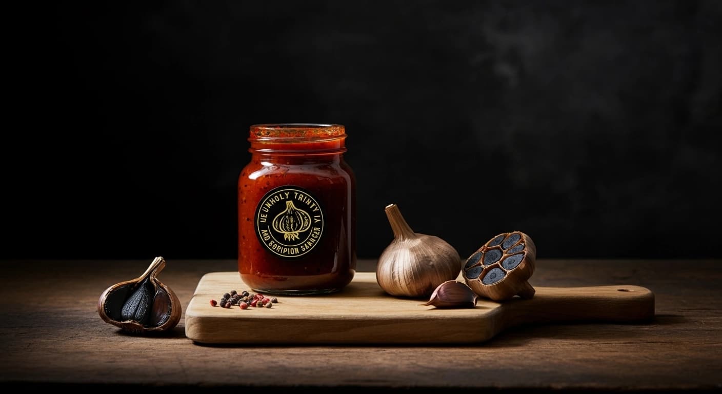 La Trinité Profane une Recette de Sauce Piquante à l'Ail Noir Piment Fantôme et Venin de Scorpion