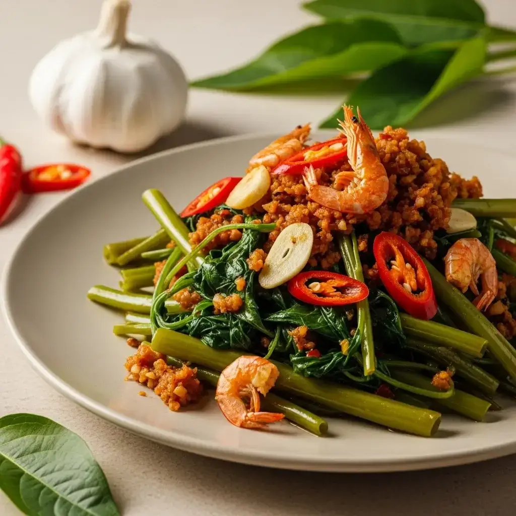 Um gostinho dos trópicos: alho da Malásia e alho Pasta de Camarão Espinafre Água (Kangkung Goreng Belacan)