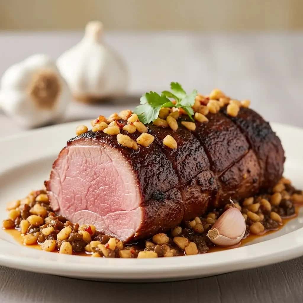 Una pieza central mexicana: lomo de cerdo asado con ajo (Lomo Mechado al Ajo)