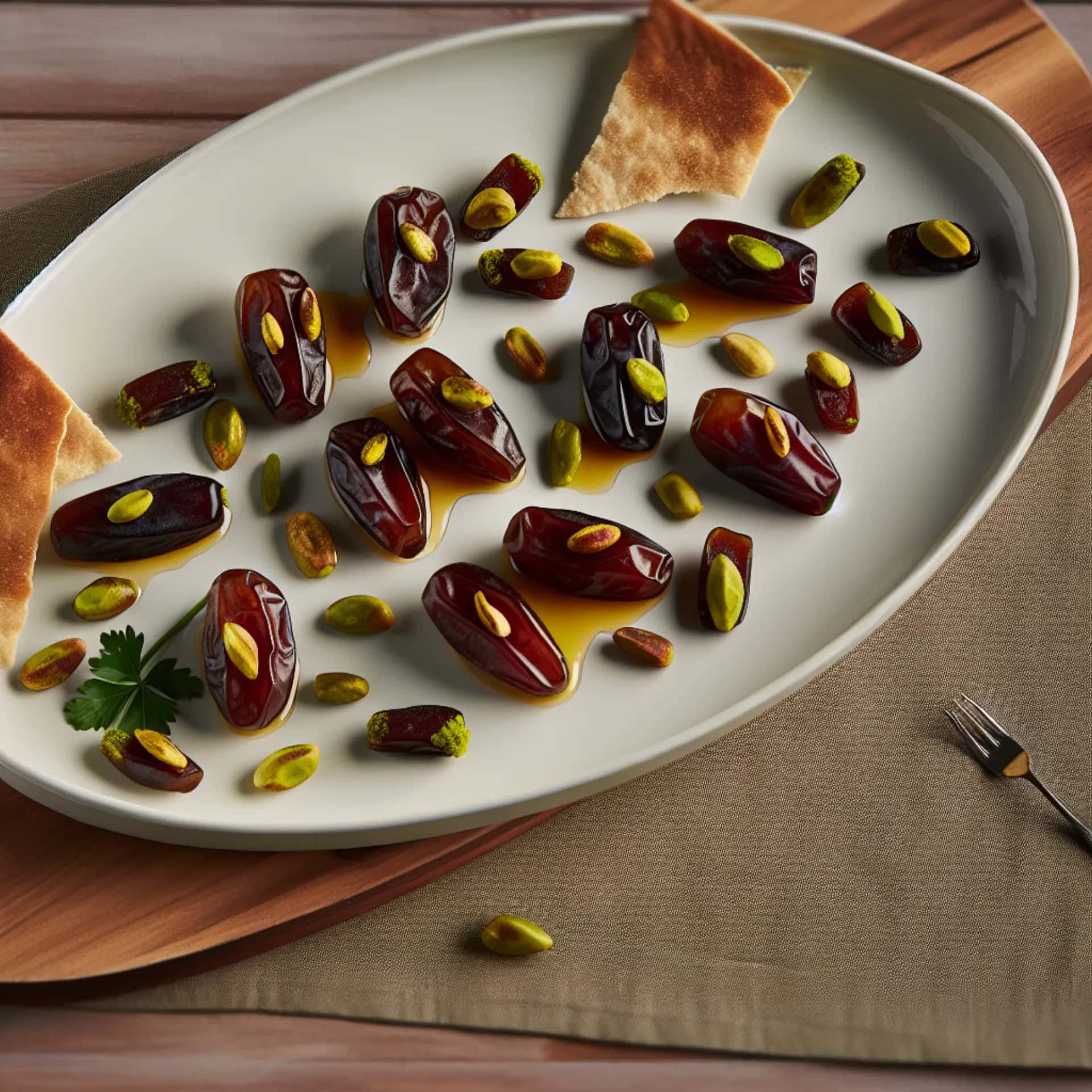 Dátiles con ajo y azafrán con llovizna Samneh de pistacho