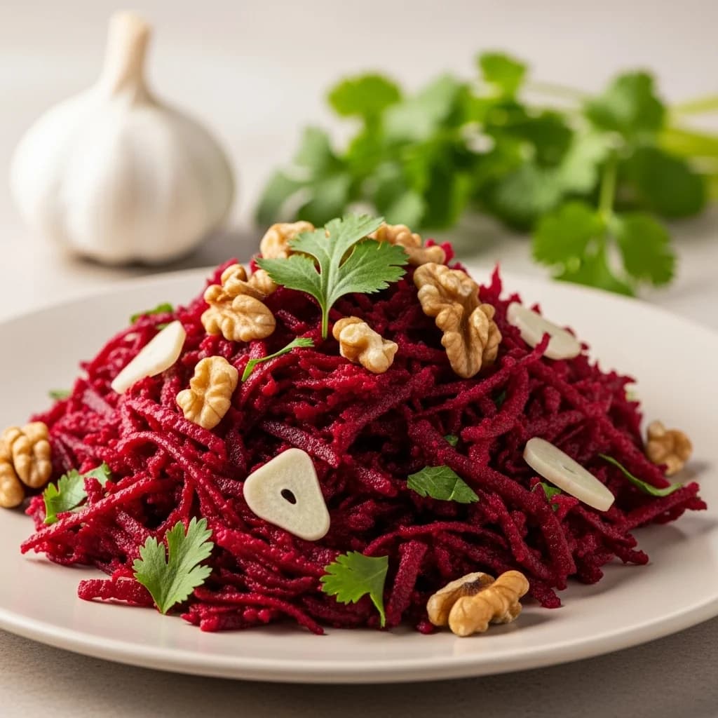 Una joya de rubí del Cáucaso: remolacha y remolacha georgianas. Ensalada De Ajo (Charkhlis Salati)