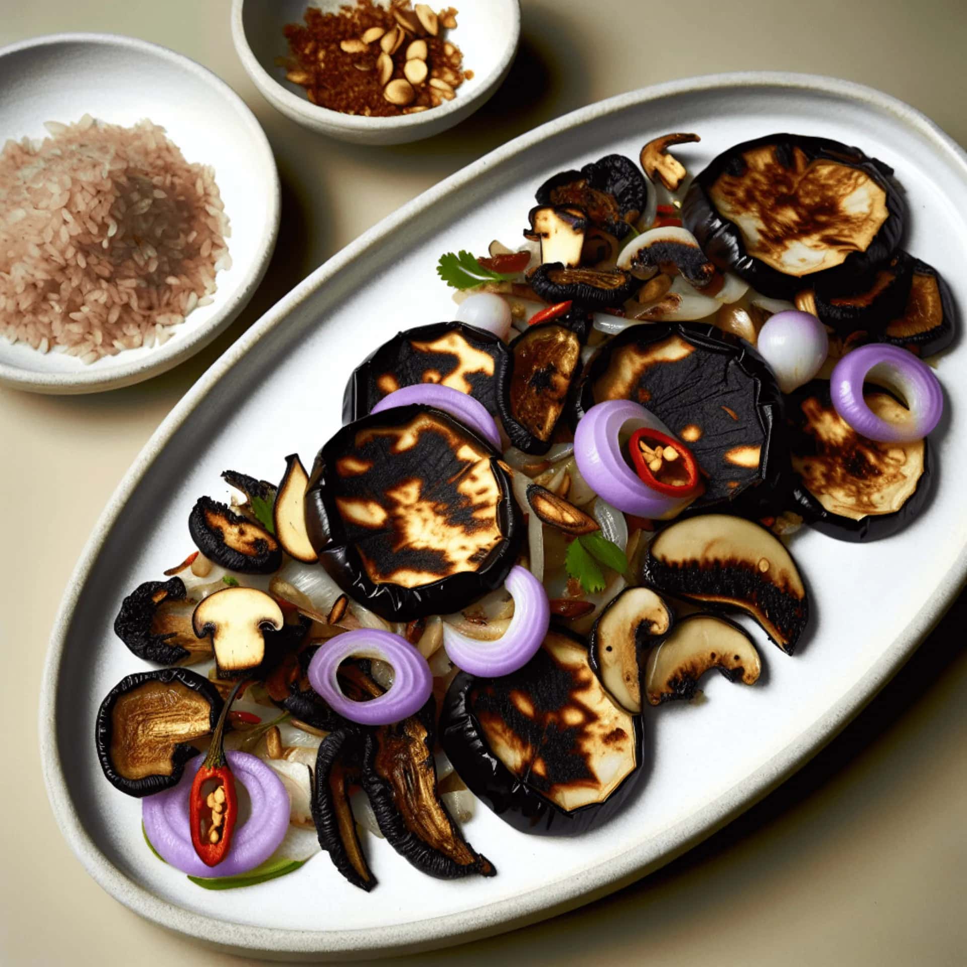 Berenjena asada con ajo carbonizado y galanga con larb de tamarindo picante