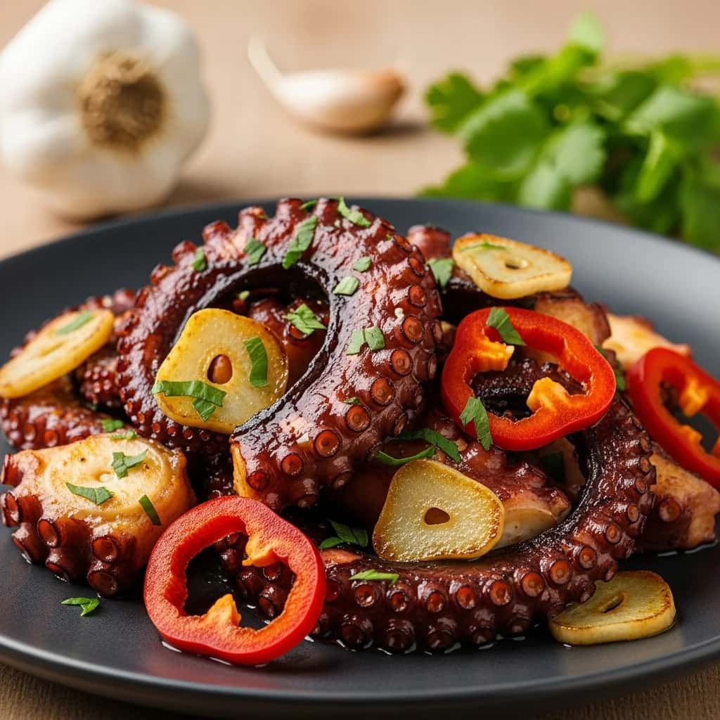 Pulpo tierno, chile picante y mucho ajo.