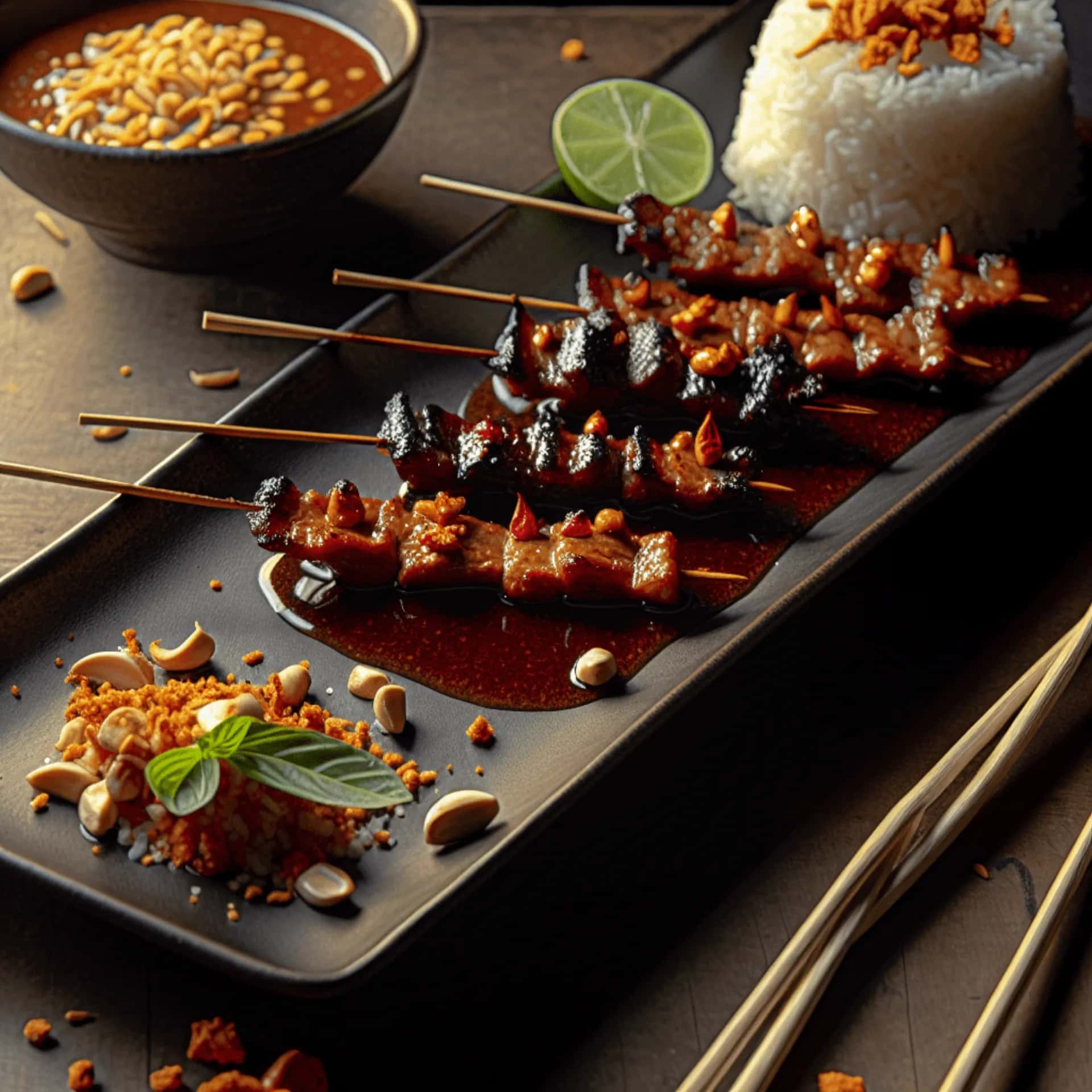 Brochetas de cerdo con ajo quemado de Bangkok y glaseado de tamarindo