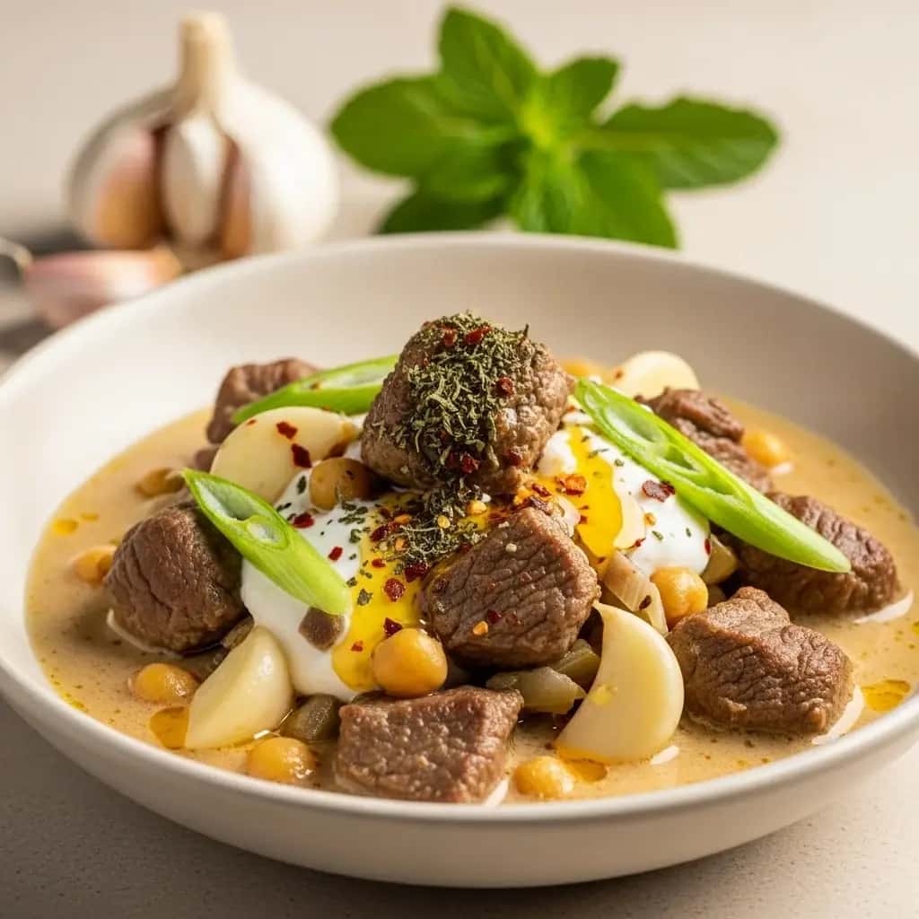 De los campos primaverales de Gaziantep: un abundante cordero y un plato de carne. Guiso de ajo fresco (Şiveydiz)