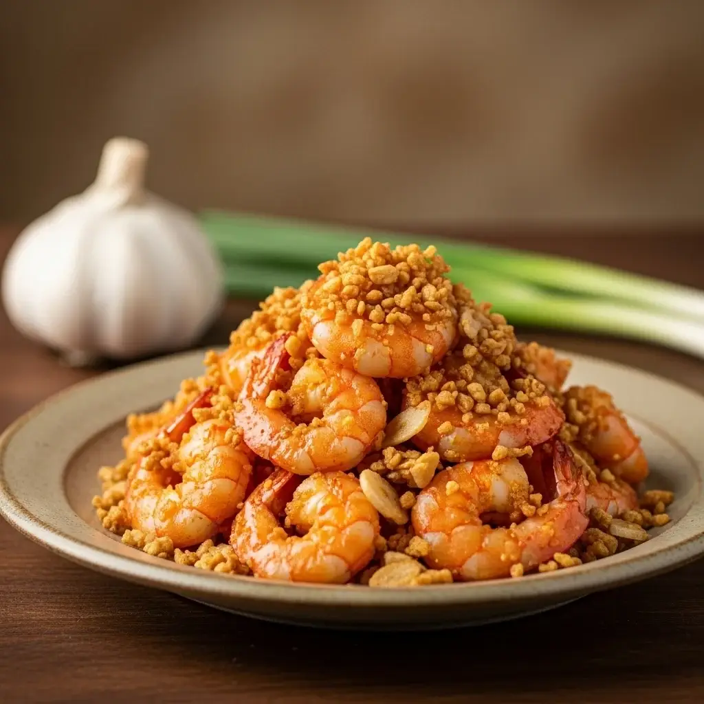 De las calles de Vietnam: crujiente, salado y crujiente. Camarones Dulces Al Ajillo (Tôm Rang Tỏi)