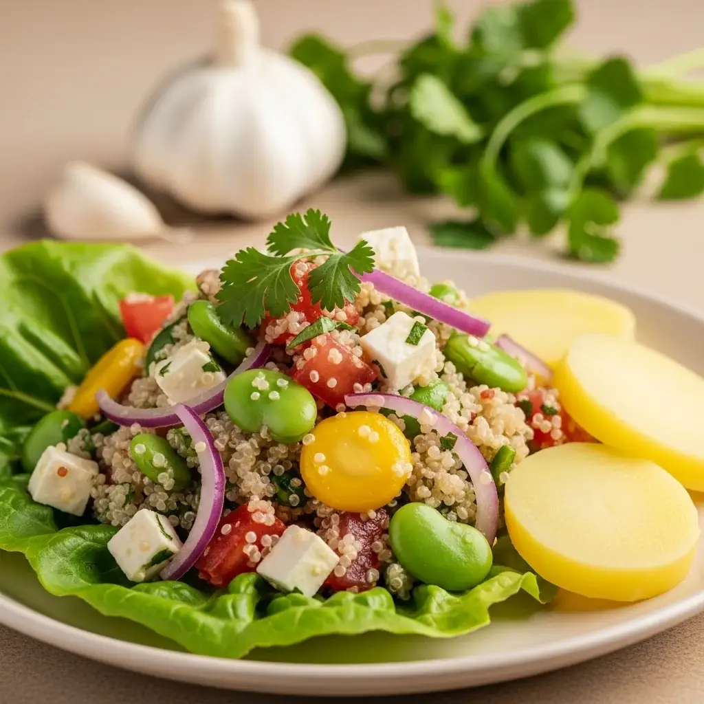 De los Altos Andes: una sabrosa quinua y sabor peruano Ensalada de Ajo (Solterito de Quinua)