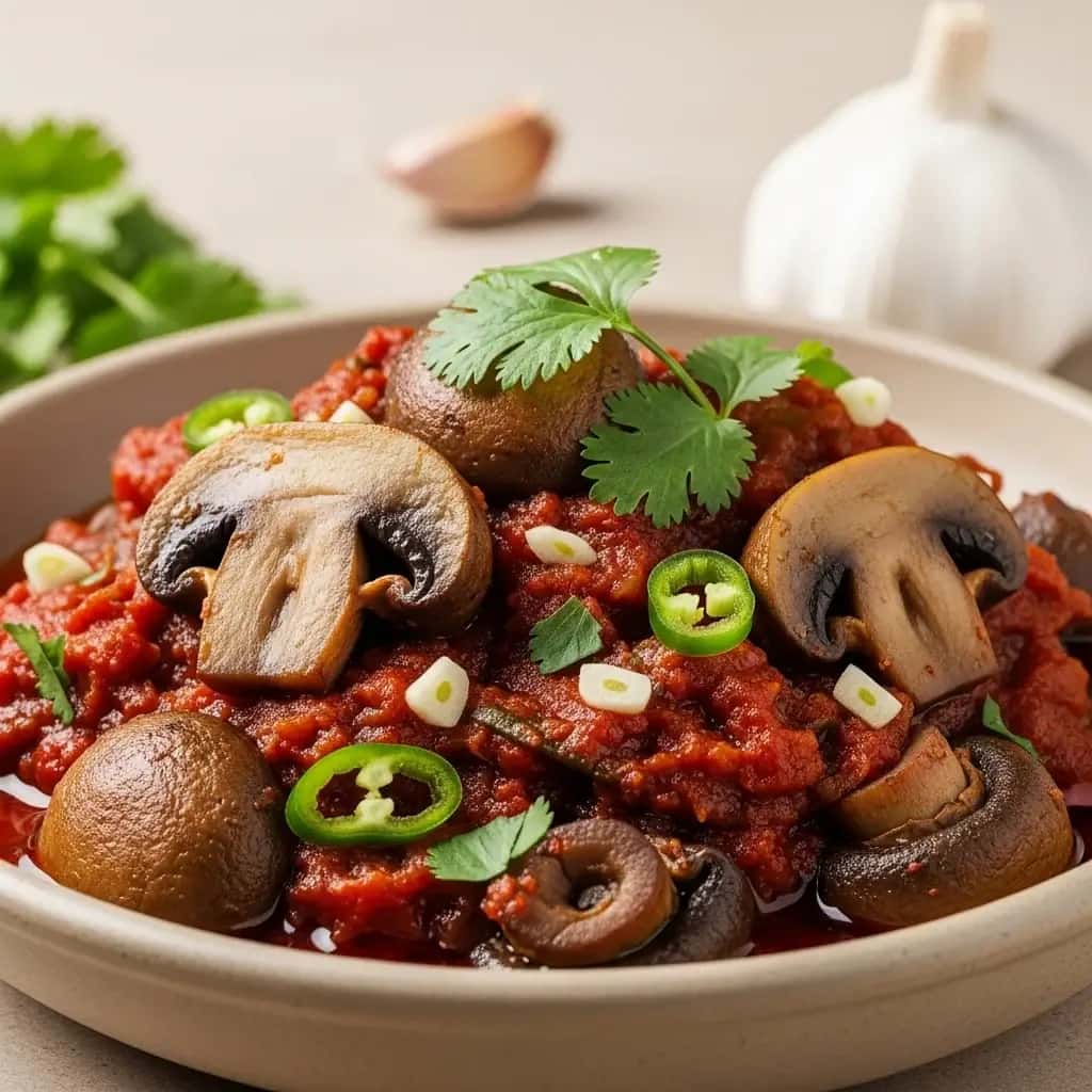Una delicia rústica georgiana: champiñones picantes y salsa picante. Estofado de ajo (Sokos Chashushuli)