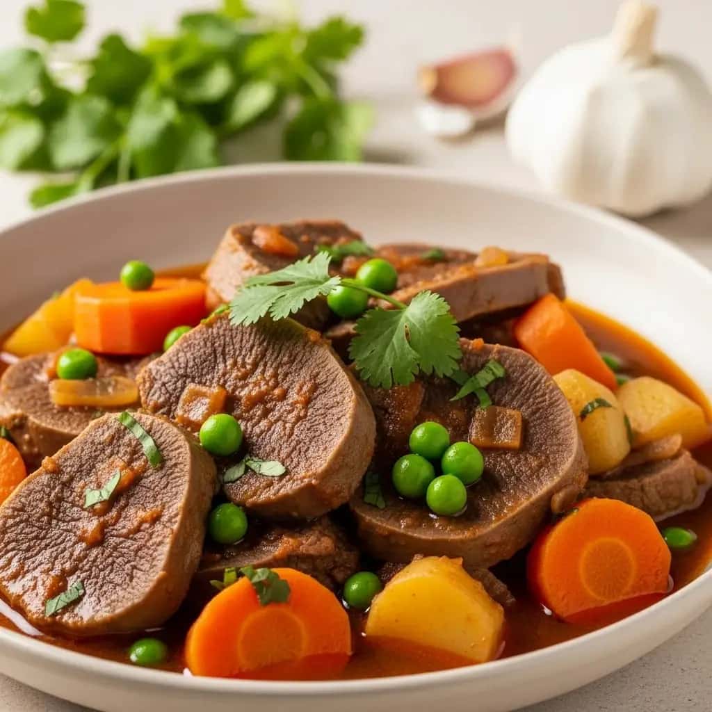 Перуанская классика: богатая и насыщенная; Тушеное мясо с чесночным говяжьим языком (Estofado de Lengua)