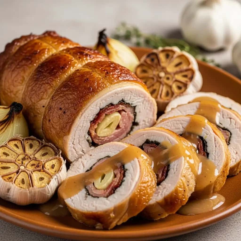 Um assado farto da mesa eslovaca: coxas de peru cravejadas de alho (Morčacie stehno na cesnaku)