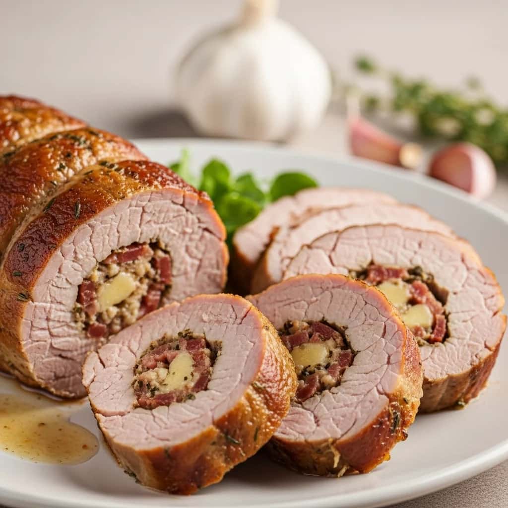 Un centro de mesa eslovaco: ajo tierno y champiñones. Lomo De Cerdo Relleno De Tocino (Plnená Bravčová Panenka)