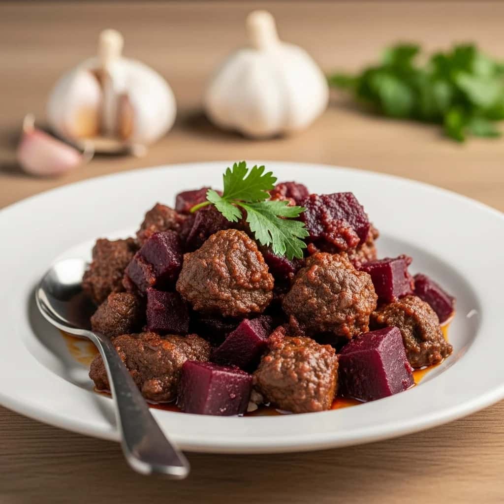 Un clásico carmesí del Cáucaso: abundante carne de res y carne georgiana Estofado De Remolacha (Chakondrili)