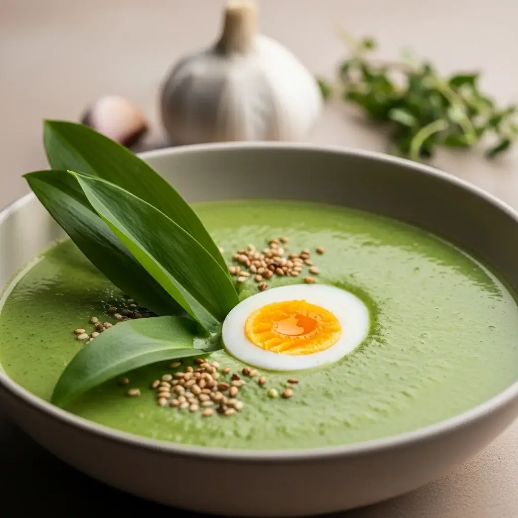 De los bosques primaverales de Eslovaquia: una crema cremosa de ajo silvestre y salsa picante. sopa de papa