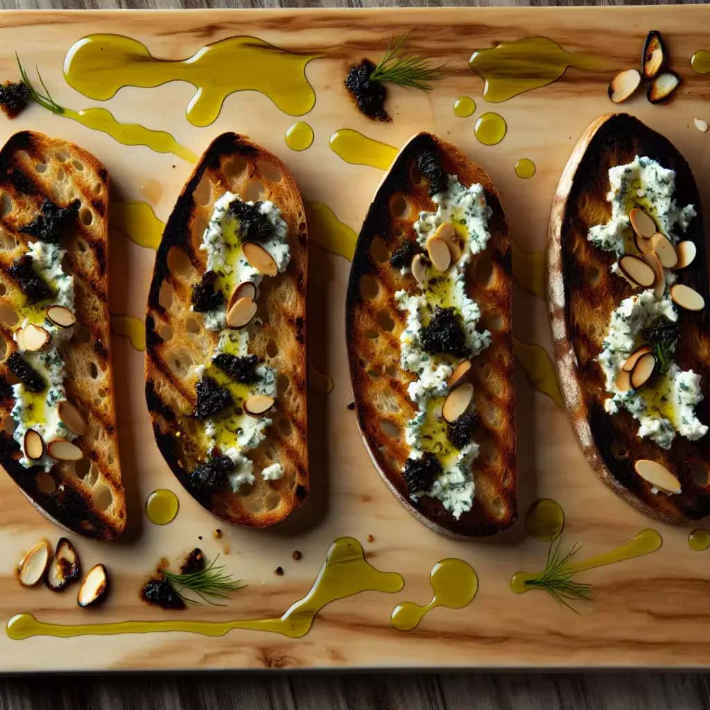 Bruschetta toscana de ajo negro con hinojo confitado y ricotta