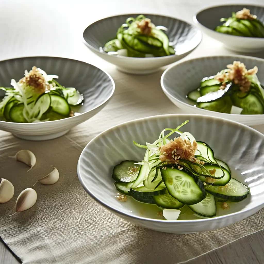 Sunomono crujiente de myoga y ajo con shiso