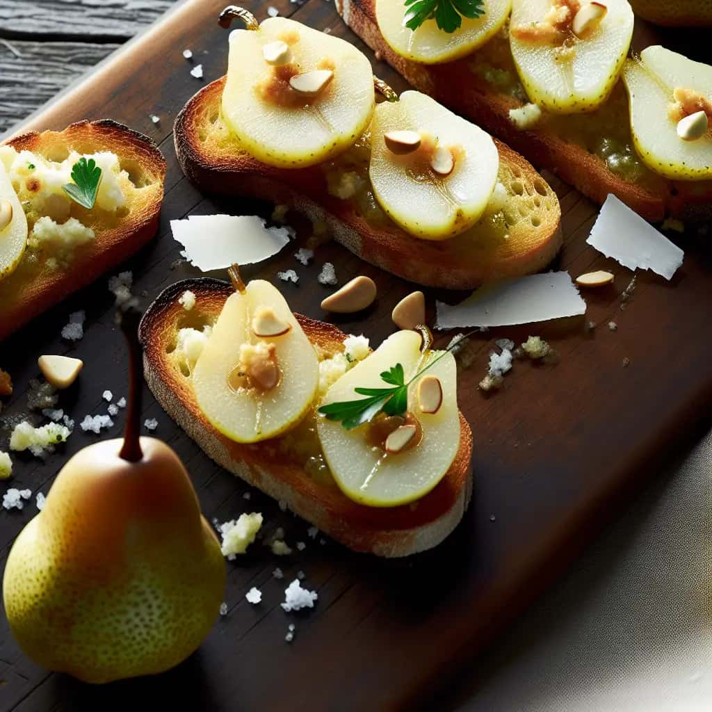 Peras toscanas escalfadas con ajo, queso pecorino y almendras tostadas
