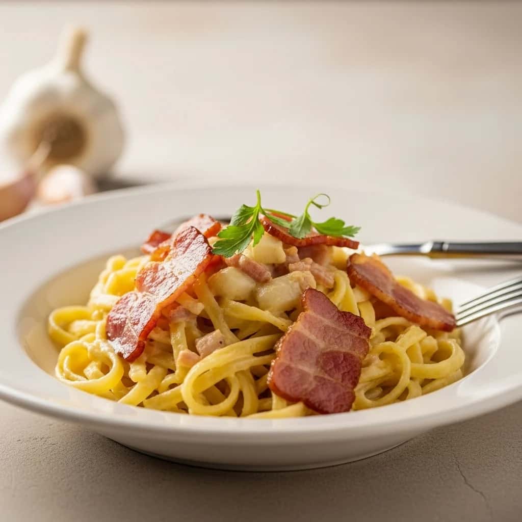 Una muestra del consuelo eslovaco: ajo cremoso y crema Fideos con tocino (Smotanové Rezance s Cesnakom a Slaninou)