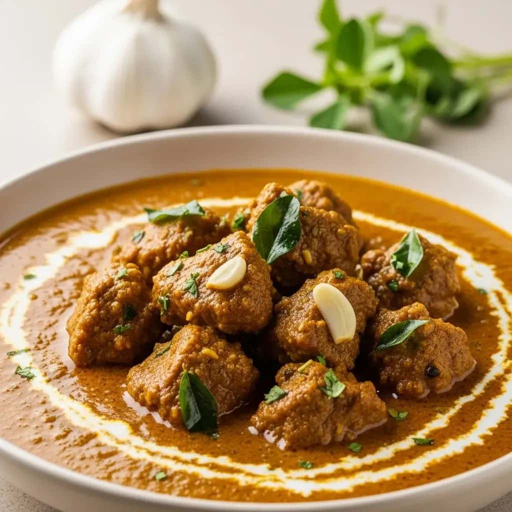 Desde el corazón de la India: curry de cordero aromático con fenogreco y ajo (Lahsuni Methi Gosht)