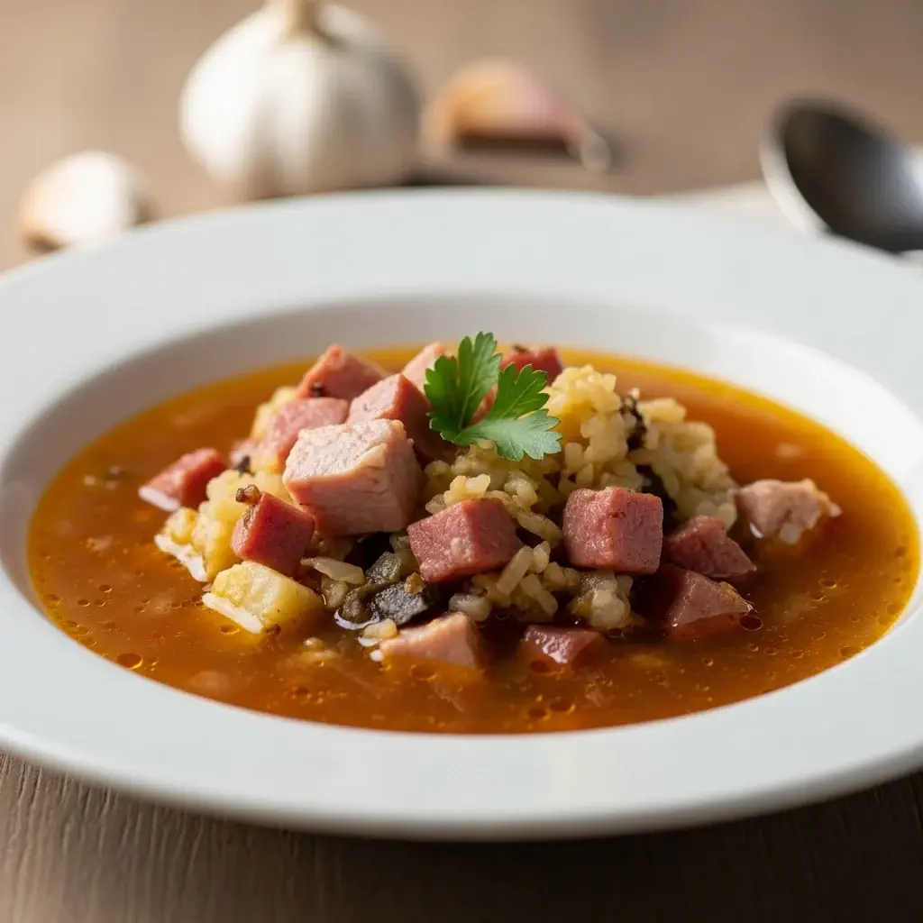 De la vieille Castille : un copieux plat d'ail et d'oignons espagnols. Soupe au Jambon (Sopa Castellana)
