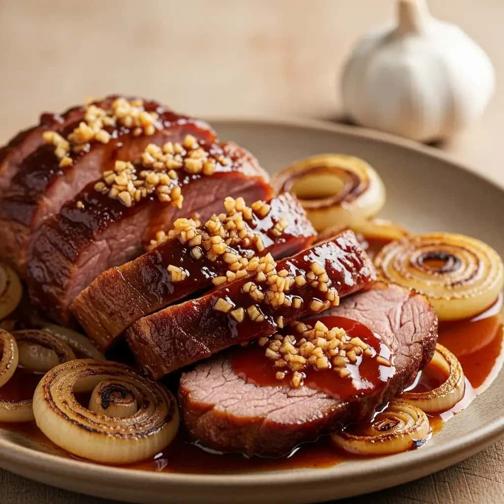 Un clásico eslovaco abundante: cuello de cerdo con ajo en una sartén (Krkovička na Cesnaku)