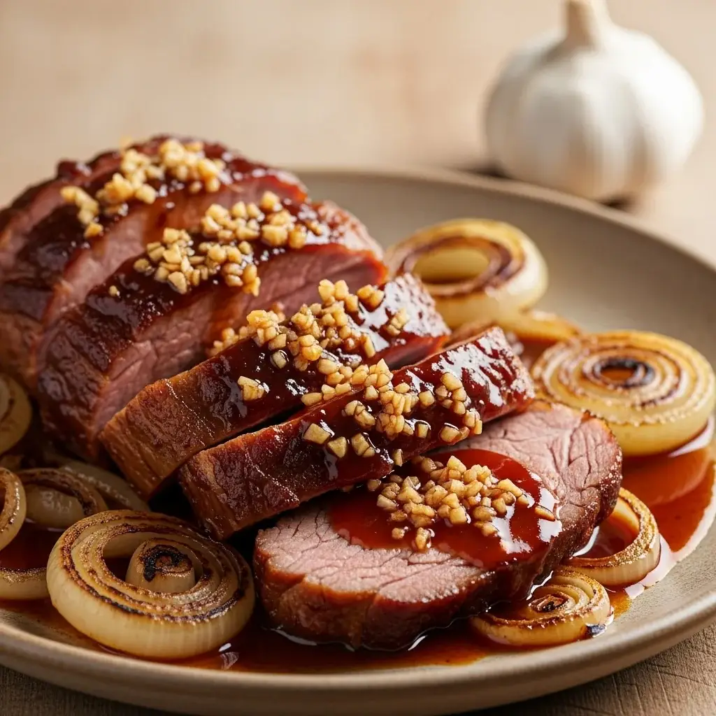 Un clásico eslovaco abundante: cuello de cerdo con ajo en una sartén (Krkovička na Cesnaku)