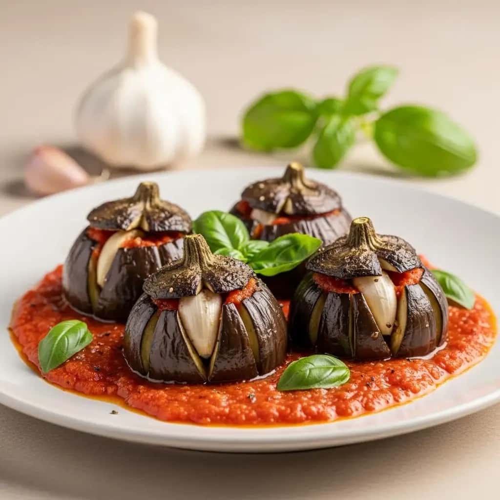 De un jardín eslovaco: berenjenas rellenas de ajo en salsa de tomate y albahaca