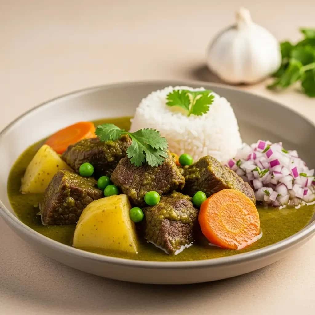 Desde el corazón del Perú: cilantro y aroma aromáticos Estofado de ternera al ajillo (Seco de Res)