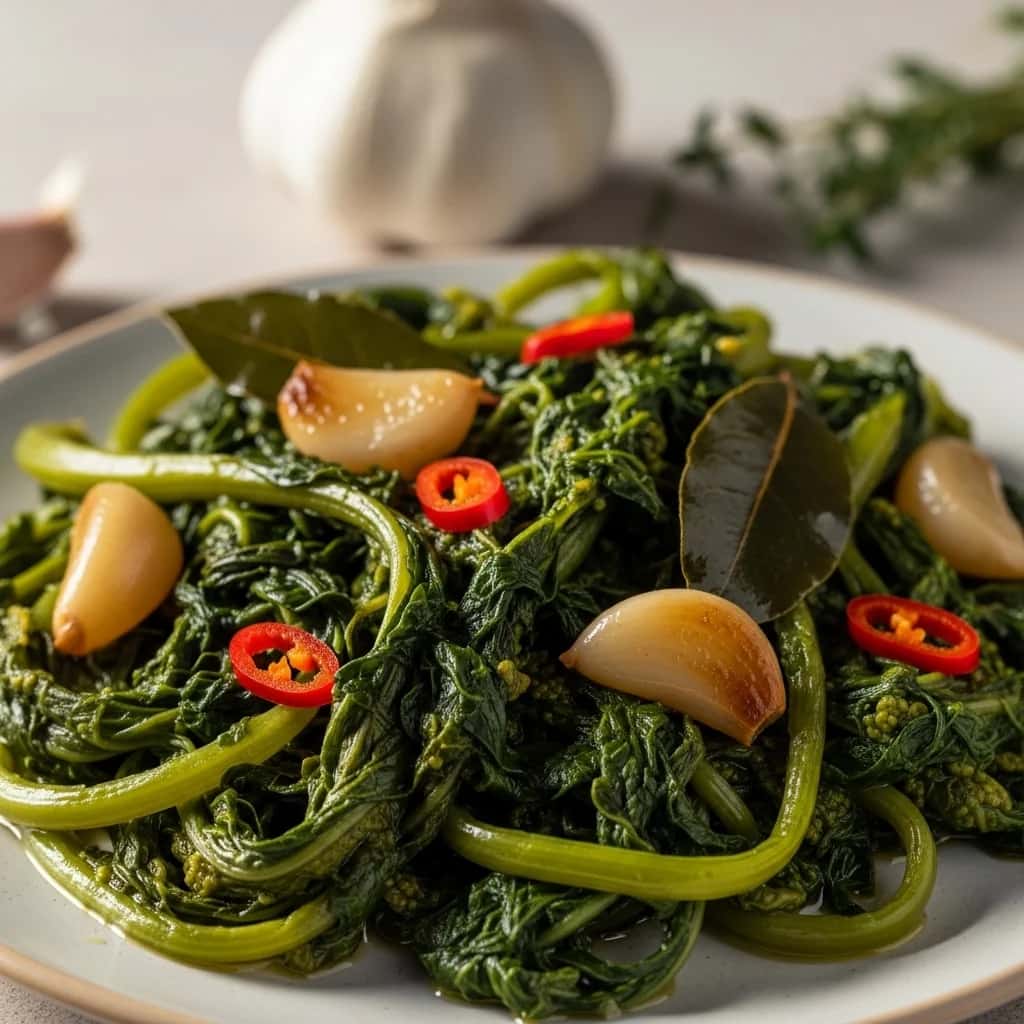 De los campos de Puglia: nabos estofados con ajo (Cime di Rapa Stufate)