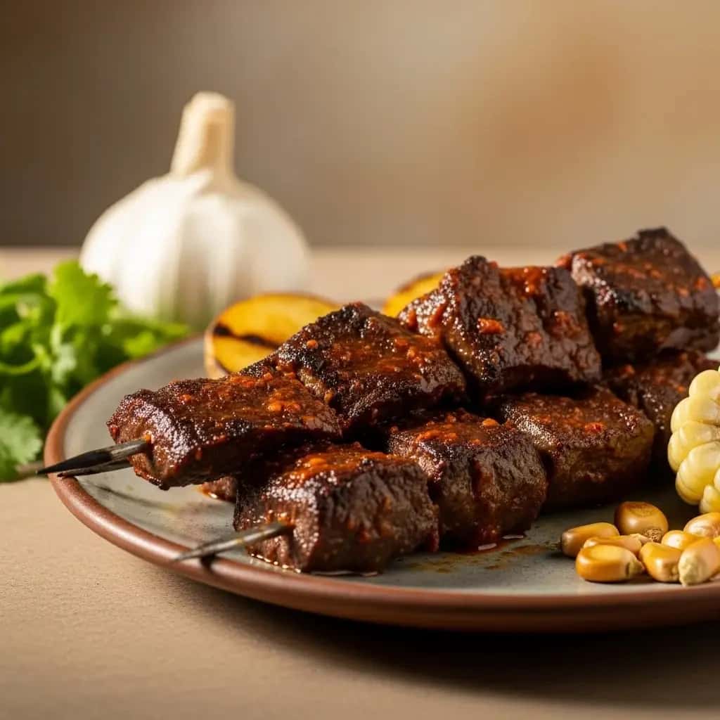Desde las calles de Lima: ajo y salsa peruanos chisporroteantes Brochetas de corazón de res con chile (Anticuchos de Corazón)