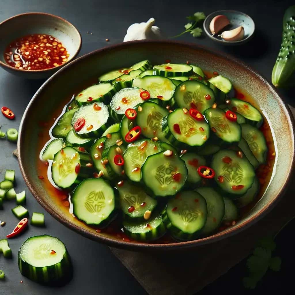 Ensalada refrescante de pepino triturado con aderezo de ajo picante