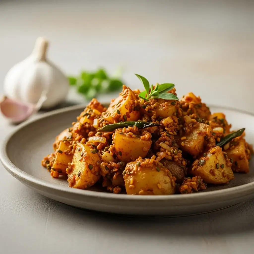 De una cocina del norte de la India: papas al ajillo y papas al ajillo. Salteado de fenogreco (Lahsuni Aloo Methi)