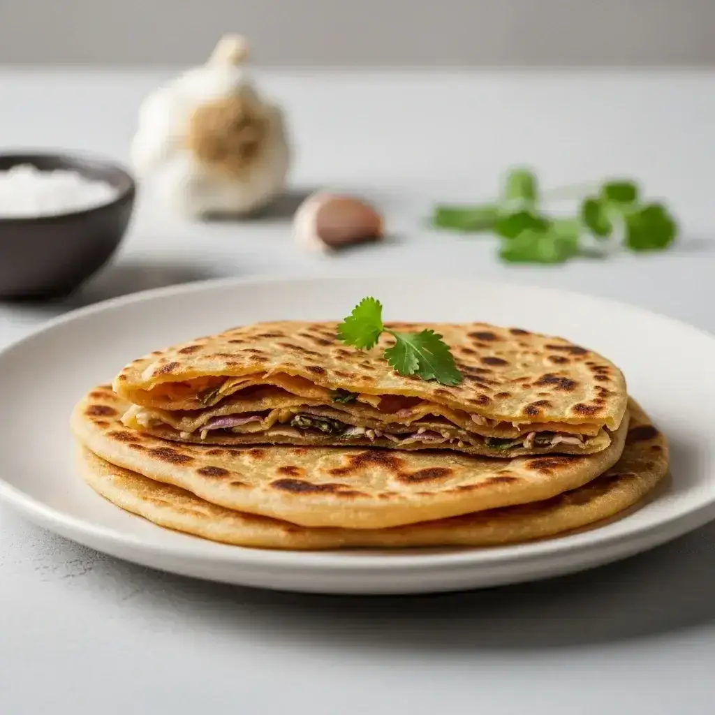 Del corazón de la plancha: pan plano con ajo en capas de la India (Lahsuni Paratha)