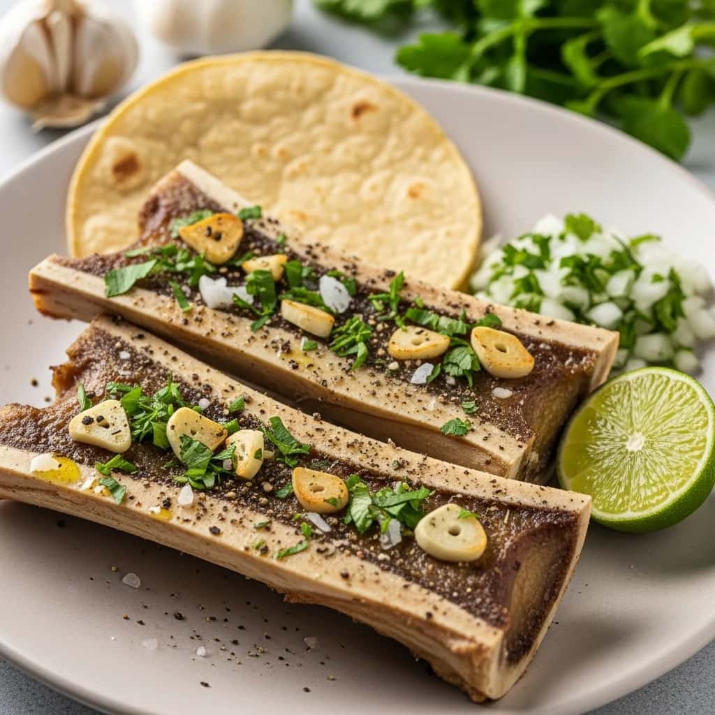 Médula ósea y Podría: Médula ósea asada de México con ajo y salsa picante. Hierbas (Tuétanos Asados)