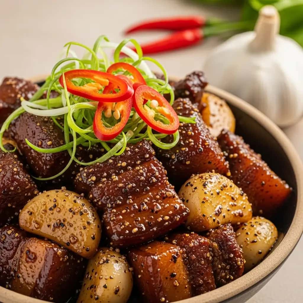 Desde el corazón de Vietnam: pimienta aromática y pimienta. Cerdo estofado con ajo (Thịt Kho Tiêu)