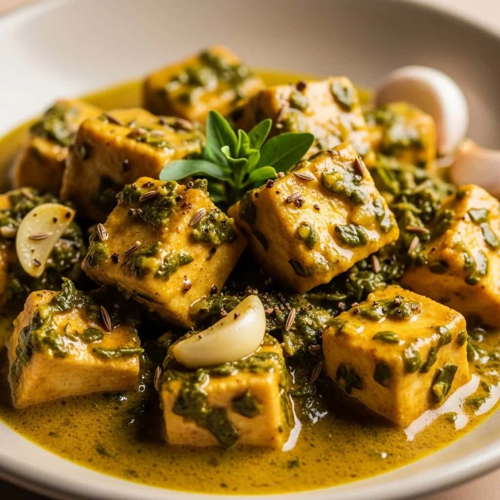 Ein cremiger nordindischer Traum: Knoblauch-Bockshornklee-Paneer (Lahsuni Methi Paneer)