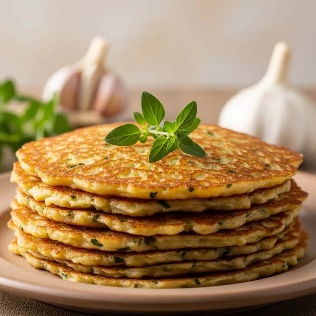 Un alimento básico eslovaco: ajo crujiente y champiñones. Tortitas de patata (Zemiakové Placky)