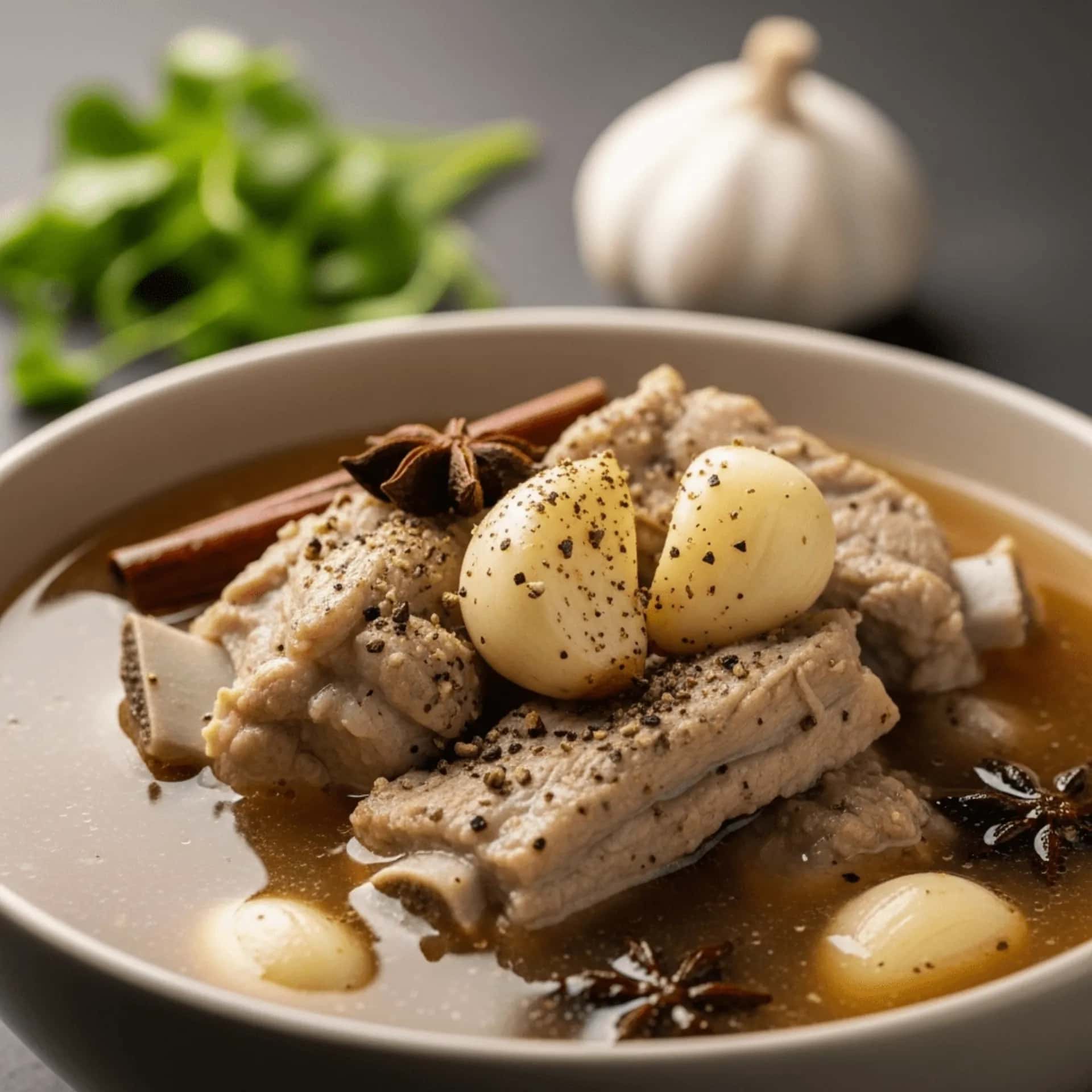 Sopa de costillas de cerdo con ajo y pimienta de Singapur (Bak Kut Teh)