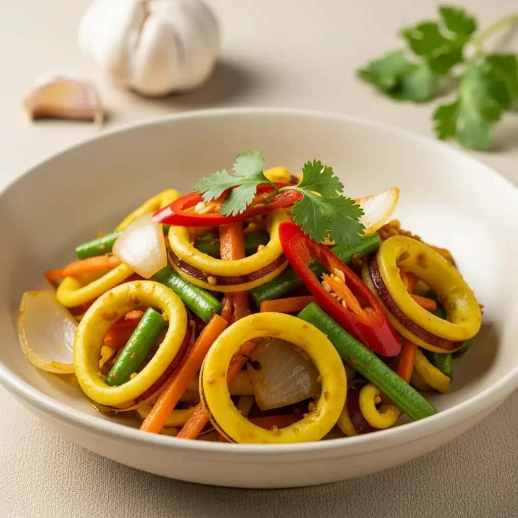 Oro de Malasia: una cúrcuma chisporroteante y refrescante Salteado de calamares y ajo (Sotong Goreng Kunyit)