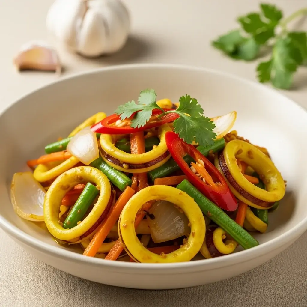 Золото Малайзии: шипящая куркума и amp; Жаркое из кальмаров с чесноком (Сотонг Горенг Куньит)