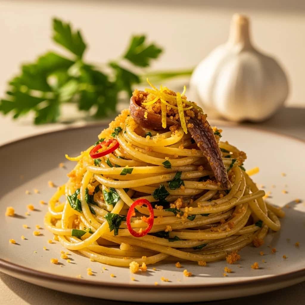 Oro líquido de Amalfi: espaguetis con ajo y chorrito de anchoas