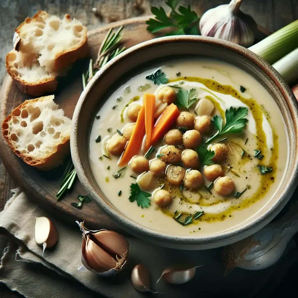 Sueño de ajo toscano: ajo asado cremoso y salsa picante Sopa De Garbanzos