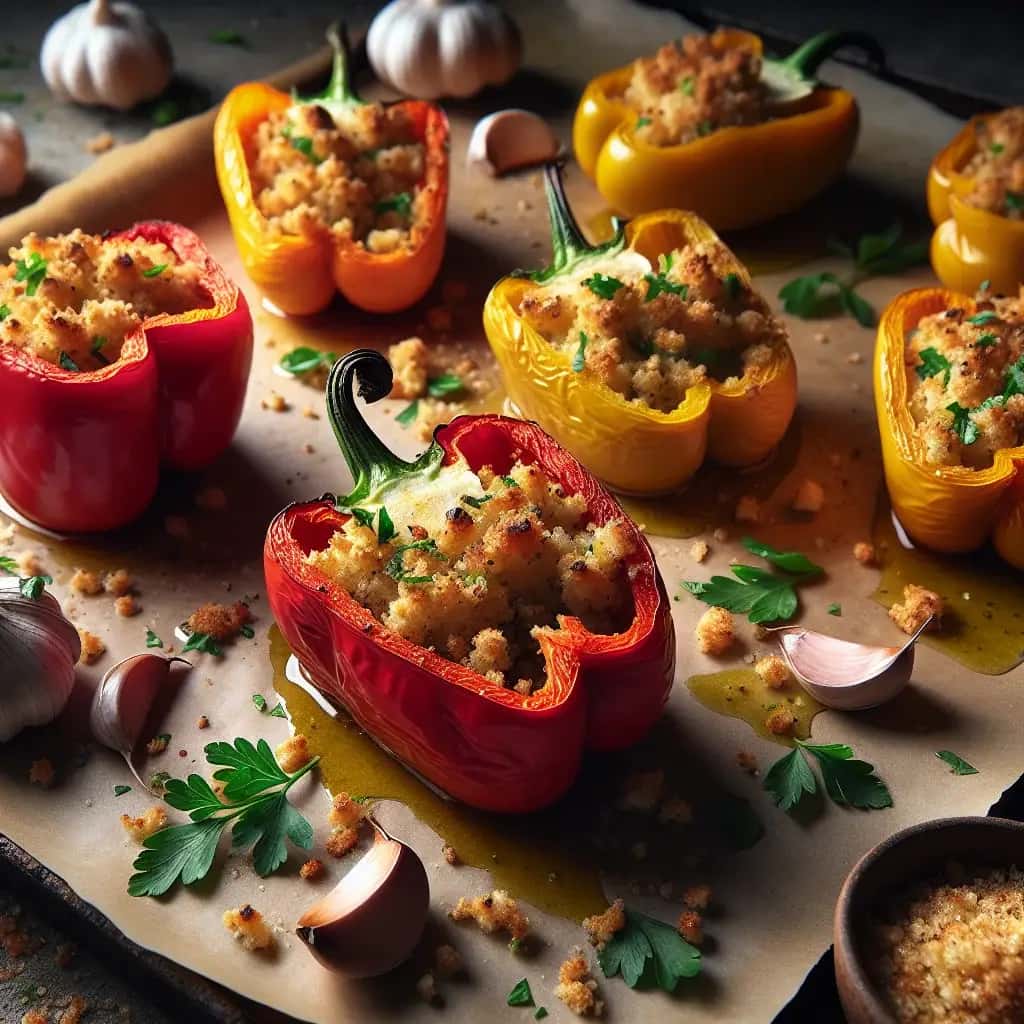 Pimientos morrones al horno con infusión de ajo y pan rallado crujiente