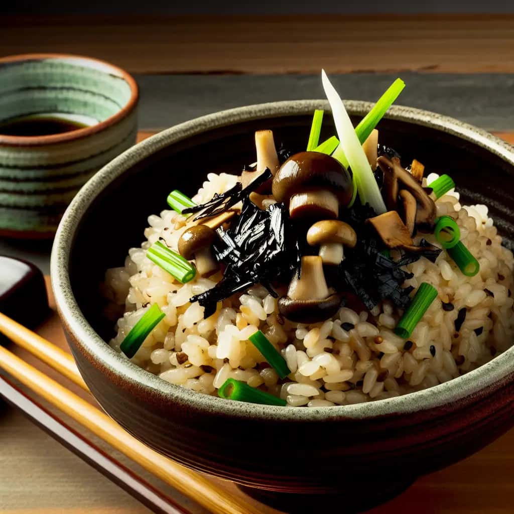 Una muestra del Japón moderno: ajo negro rico en umami y salsa picante Arroz con champiñones (Kuro Ninniku Kinoko Gohan)