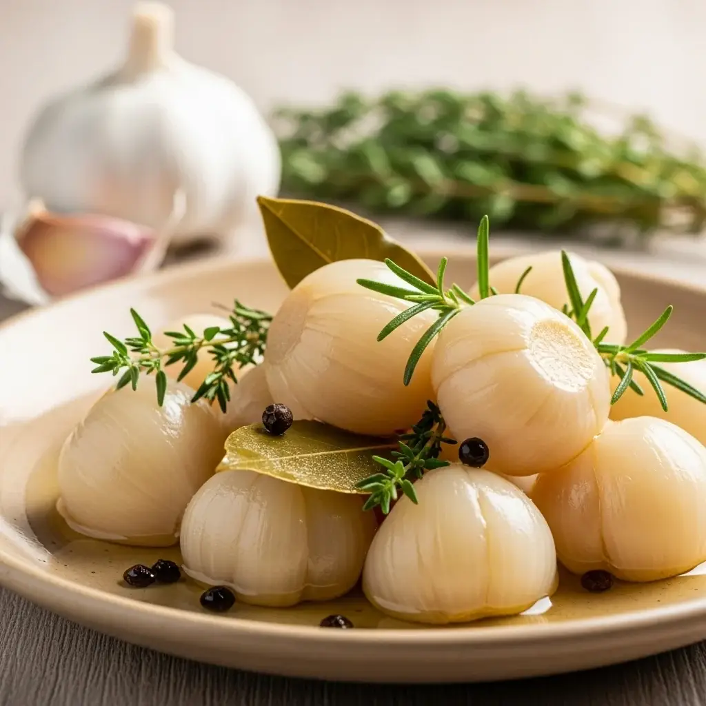 De la despensa eslovaca: ajo aromático en escabeche con vino blanco y salsa picante. Hierbas