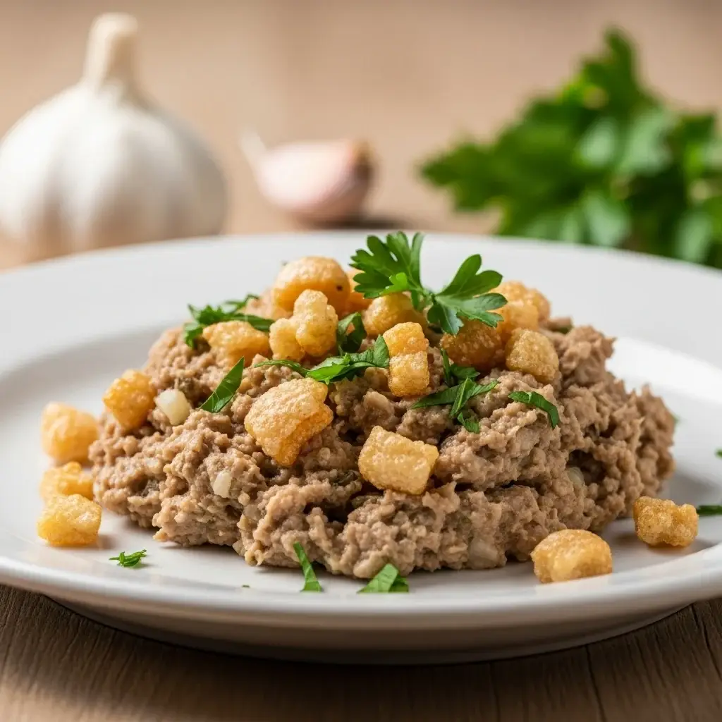 Un alimento básico de pub de la despensa eslovaca: crujientes y abundantes chicharrones de cerdo. Crema de ajo (Škvarková Nátierka)