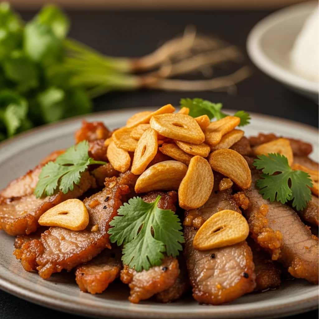 Comidas callejeras en Bangkok: ajo chisporroteante y salsa picante Cerdo A La Pimienta (Moo Tod Kratiem)