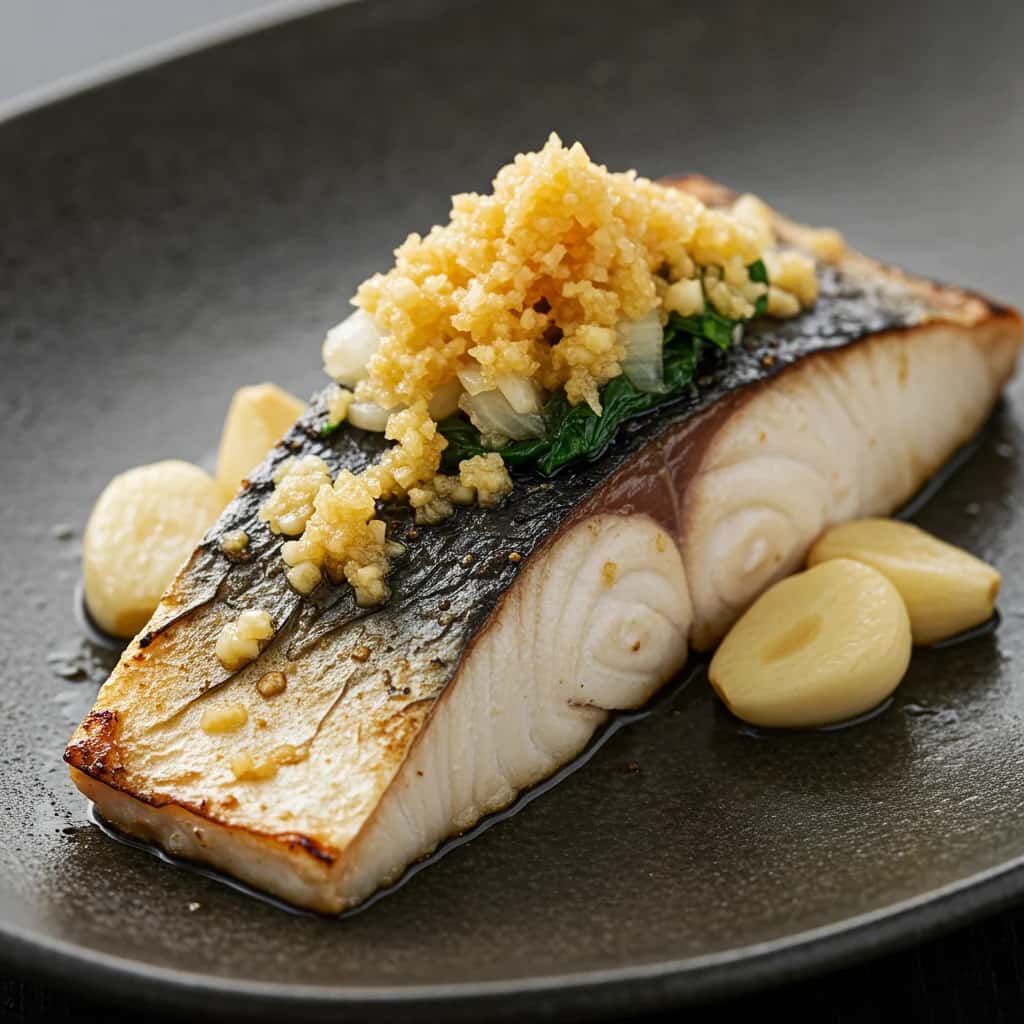 Bonito braseado estilo tosa con ponche de ajo