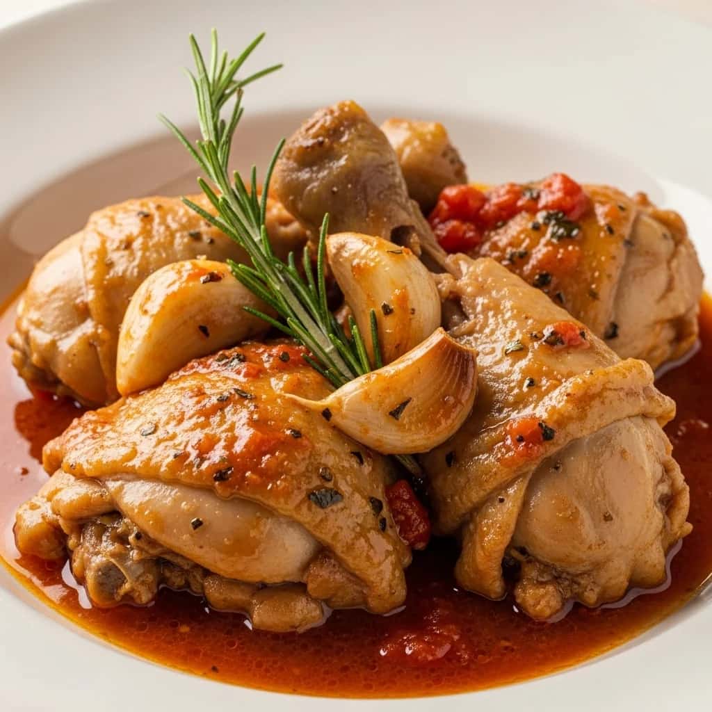 De las Marcas: un pollo rústico con ajo estofado (pollo en potacchio)